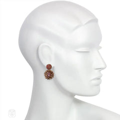 Cognac brown glass and bronze crystal beaded earrings
