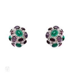 Colored glass and rhodium-plated bronze earclips, Amphitrite Collection