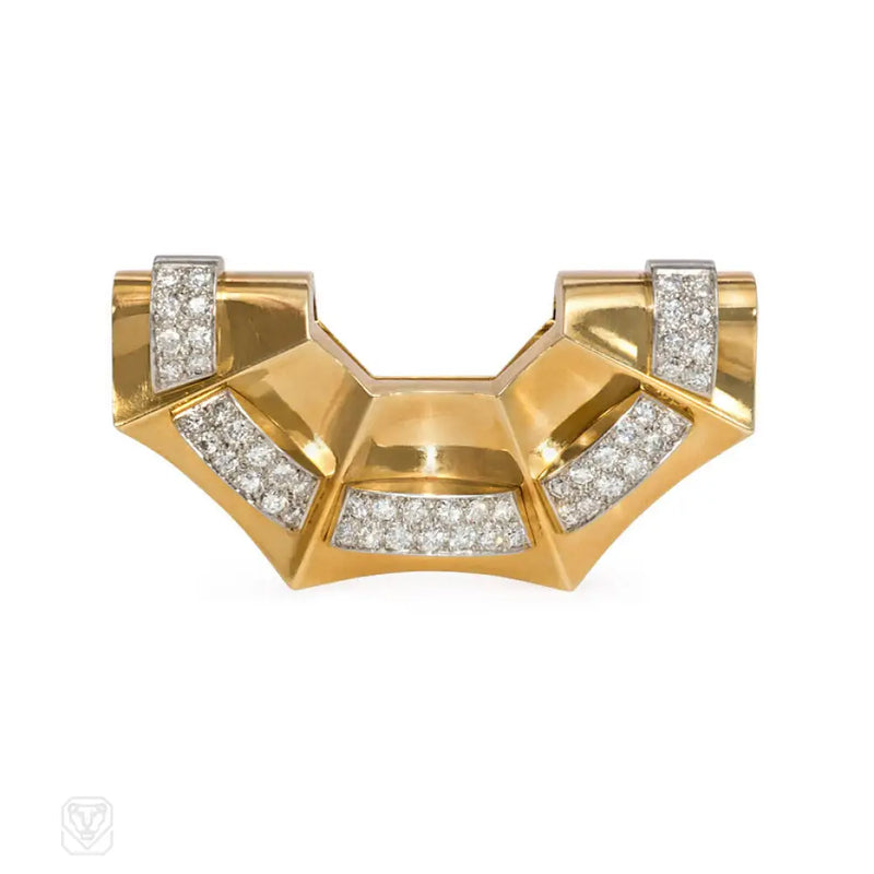 Convertible Retro French Gold And Diamond Fan Brooch