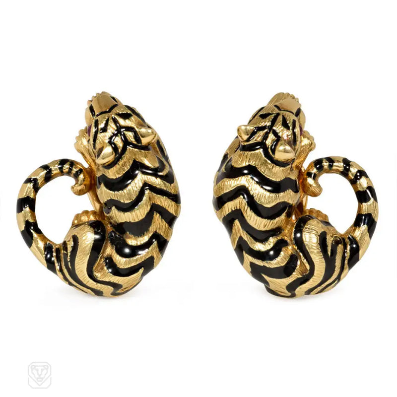 David Webb Gold And Enamel Tiger Earrings