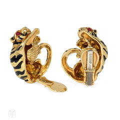 David Webb gold and enamel tiger earrings