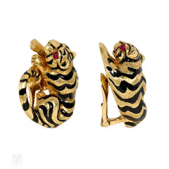 David Webb gold and enamel tiger earrings