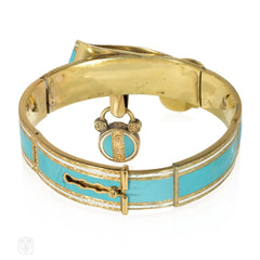 Early Victorian turquoise enamel, ruby, and diamond padlock bracelet