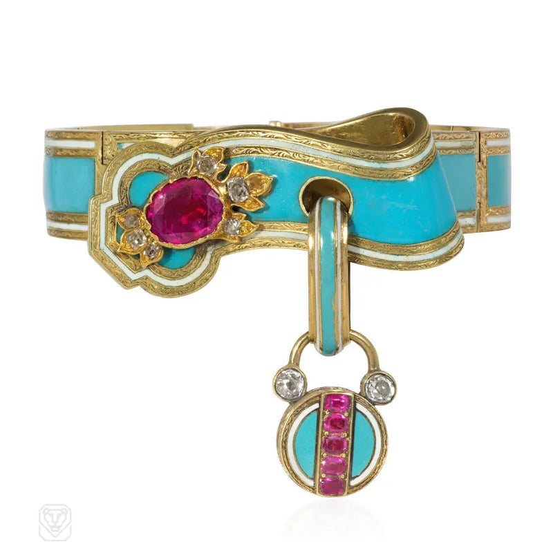 Early Victorian Turquoise Enamel Ruby And Diamond Padlock Bracelet