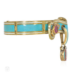 Early Victorian turquoise enamel, ruby, and diamond padlock bracelet