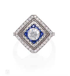 Edwardian diamond, sapphire, and filigree platinum ring