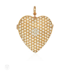 Edwardian pavé pearl and diamond heart pendant