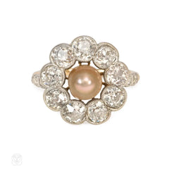 Edwardian pearl and diamond cluster ring