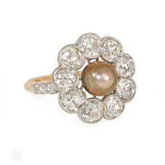 Edwardian pearl and diamond cluster ring