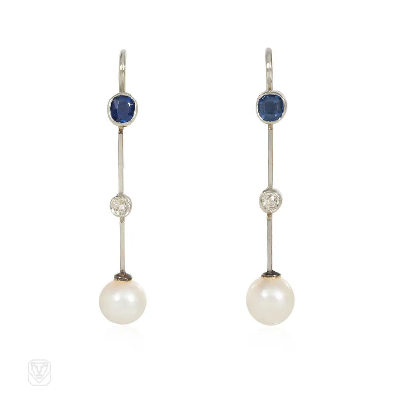 Edwardian Sapphire Diamond And Pearl Knife - Edge Earrings