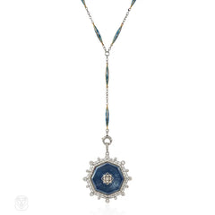 Edwardian Tiffany enamel and diamond watch pendant and chain