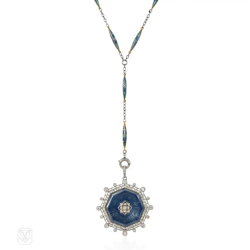 Edwardian Tiffany Enamel And Diamond Watch Pendant Chain