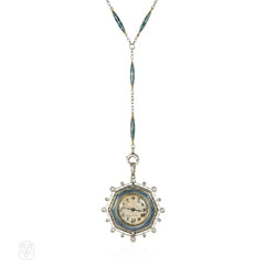 Edwardian Tiffany enamel and diamond watch pendant and chain