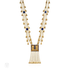 Egyptian revival gold and lapis sautoir