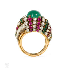 Emerald, ruby and diamond cocktail ring