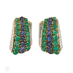 Emerald, sapphire, and diamond hoop earrings