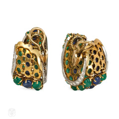 Emerald, sapphire, and diamond hoop earrings