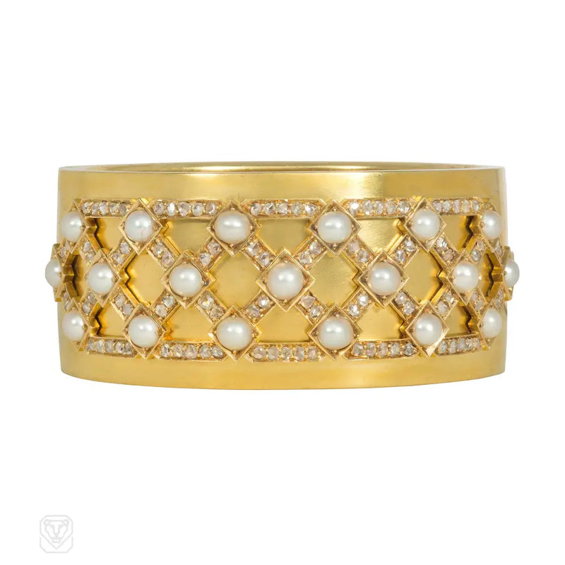 English Antique Pearl And Diamond Lattice Cuff