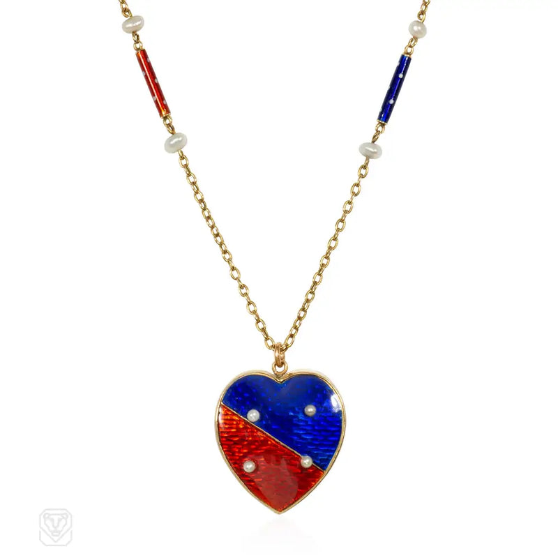 English antique red and blue enamel necklace