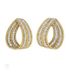 Estate gold and diamond tapering hoop earrings