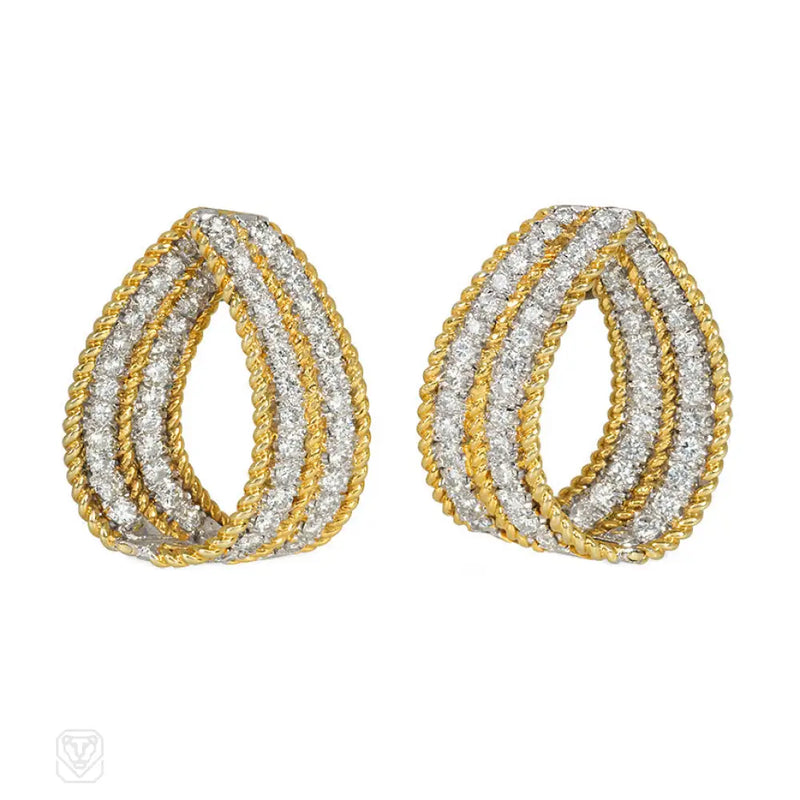 Estate Gold And Diamond Tapering Hoop Earrings