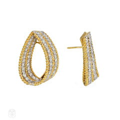 Estate gold and diamond tapering hoop earrings