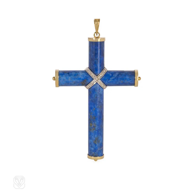 Estate Gold Lapis And Diamond Cross