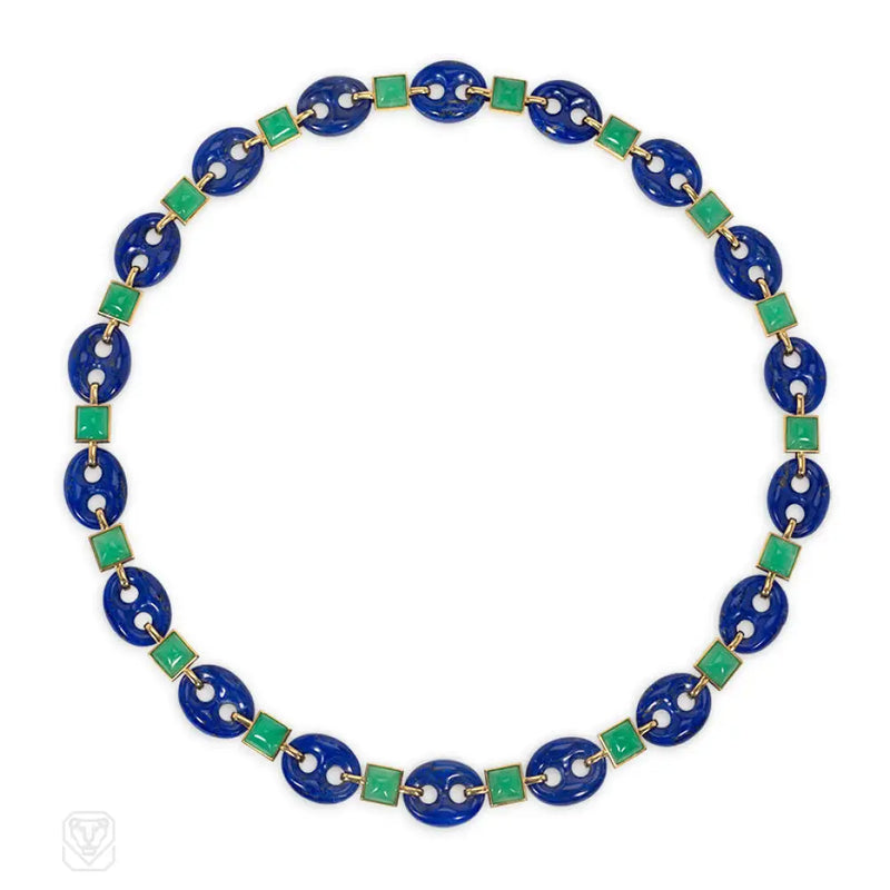 Estate Lapis Chaine D’ancre And Chrysoprase Adjustable Necklace