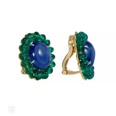 Estate sapphire and emerald cluster clip earrings