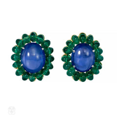 Estate sapphire and emerald cluster clip earrings