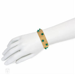 Estate woven gold and chrysoprase stud bracelet