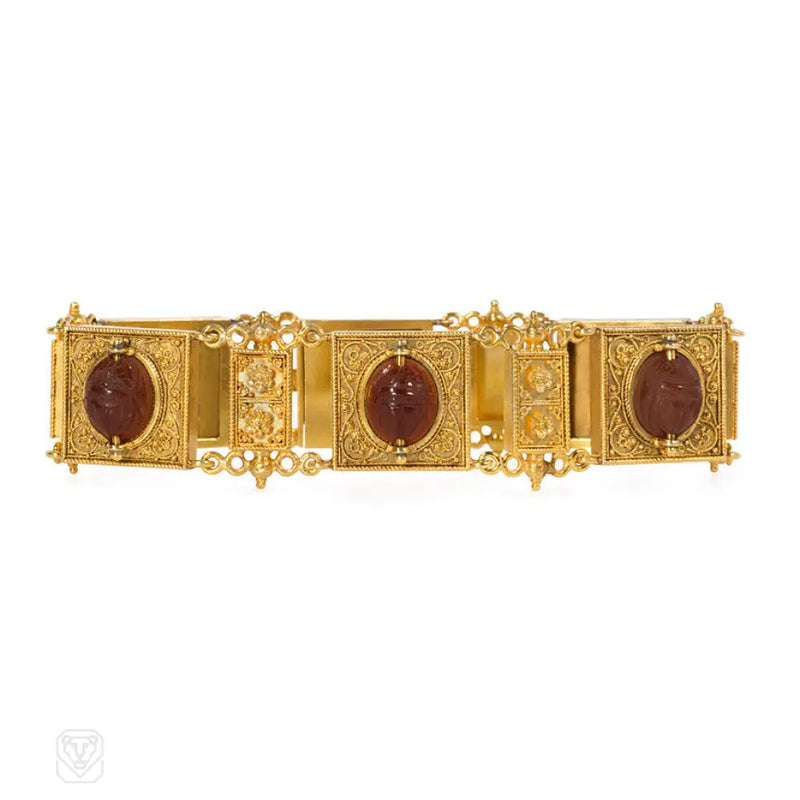 Etruscan Revival Gold And Carnelian Scarab Bracelet