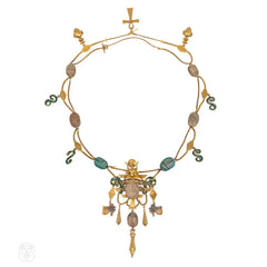 Extraordinary antique gold, enamel, and faience Egyptian Revival necklace