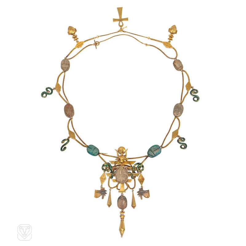 Extraordinary Antique Gold Enamel And Faience Egyptian Revival Necklace