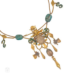 Extraordinary antique gold, enamel, and faience Egyptian Revival necklace