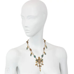 Extraordinary antique gold, enamel, and faience Egyptian Revival necklace