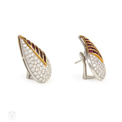 Fasano estate gold, pavé diamond and ruby earrings