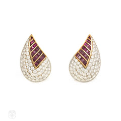 Fasano estate gold, pavé diamond and ruby earrings
