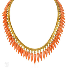 Fontenay Antique Etruscan Revival coral fringe necklace