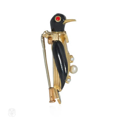 Fred Paris gold, pearl, and enamel penguin brooch