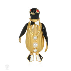 Fred Paris gold, pearl, and enamel penguin brooch
