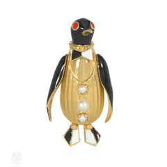 Fred Paris gold, pearl, and enamel penguin brooch