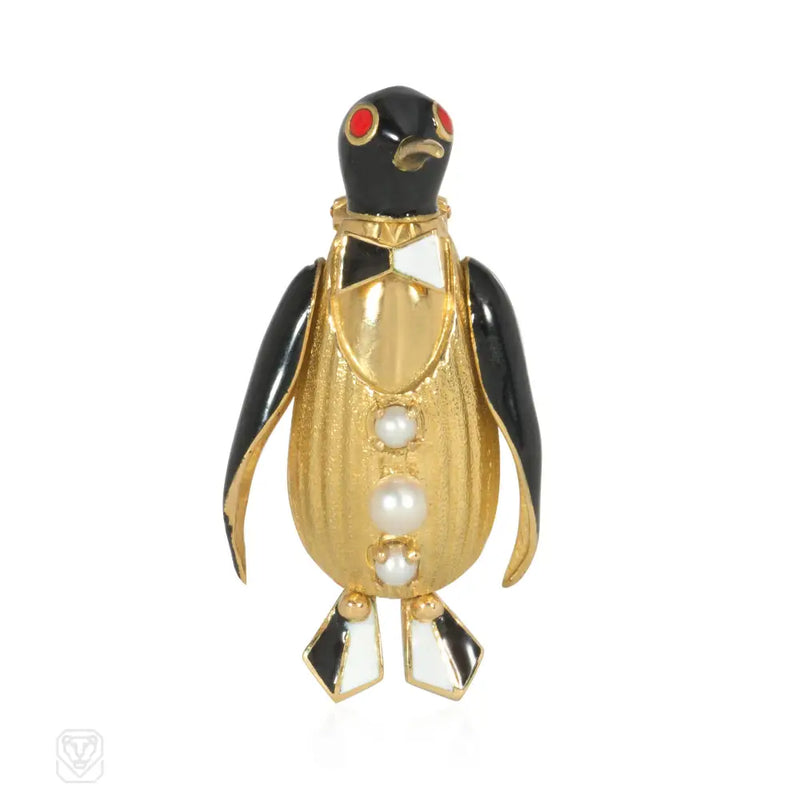 Fred Paris Gold Pearl And Enamel Penguin Brooch