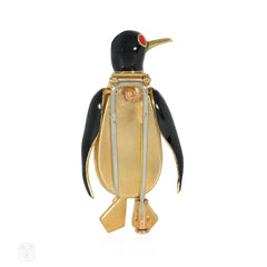 Fred Paris gold, pearl, and enamel penguin brooch