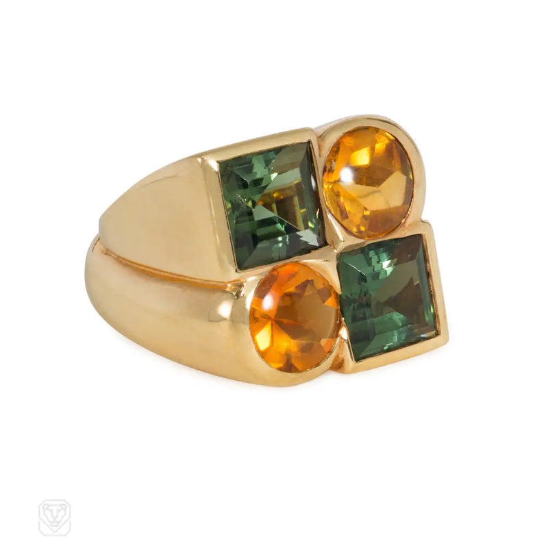 Fred Paris Gold Tourmaline And Citrine Geometric Cocktail Ring