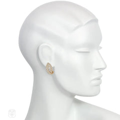 French 1950s gold and diamond stylized leaf earclips