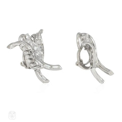 French 1950s platinum and diamond overlapping leaf earrings