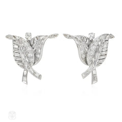 French 1950s platinum and diamond overlapping leaf earrings