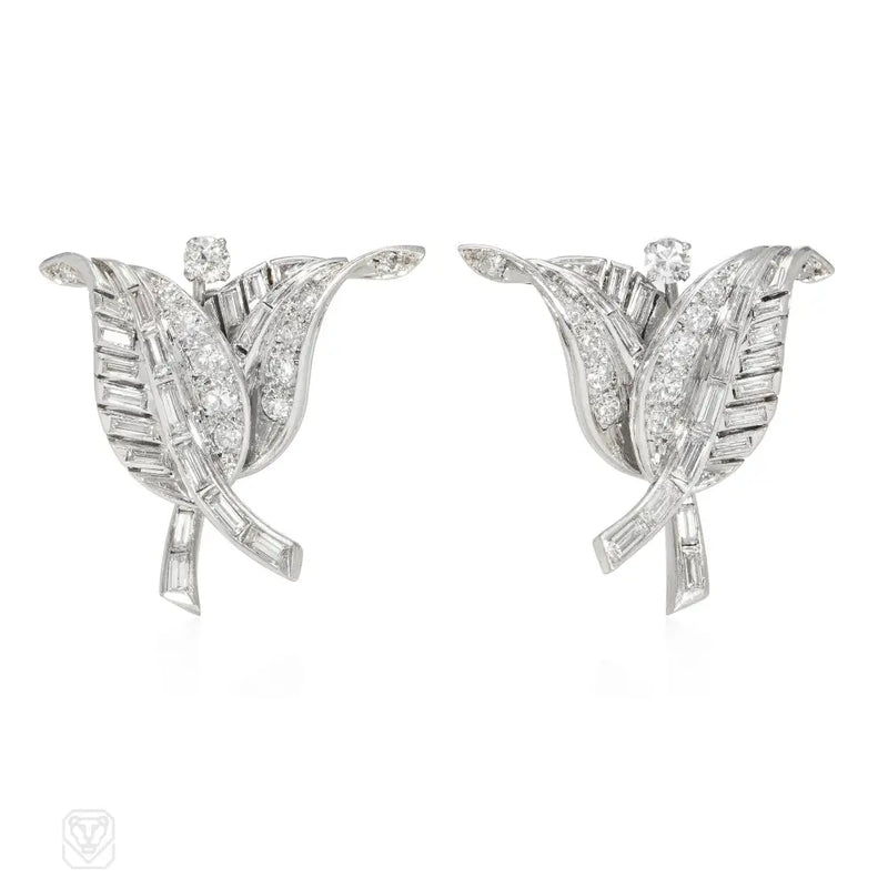 French 1950S Platinum And Diamond Overlapping Leaf Earrings