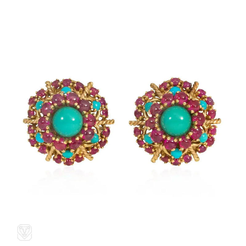 French 1950S Turquoise And Ruby Cluster Earclips
